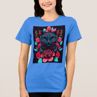 T-SHIRT  EN TRI-MATIÈRE CHAT COLORÉ ET FLEURS