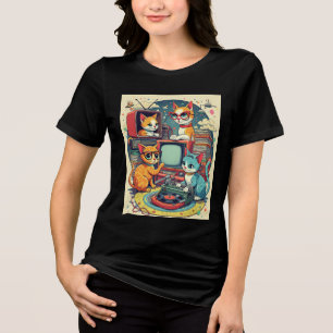 T-shirt En Tri-matière Chats du milieu du siècle avec disques rétro et TV