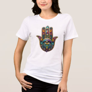 T-shirt En Tri-matière Couleurs de paon Hamsa avec troisième œil doré
