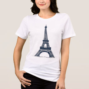 T-shirt En Tri-matière Croquis élégant de la Tour Eiffel en bleu marine -