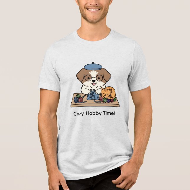 T-shirt En Tri-matière Cute Dog and Cat Knitting Together Graphic Design (Recto)