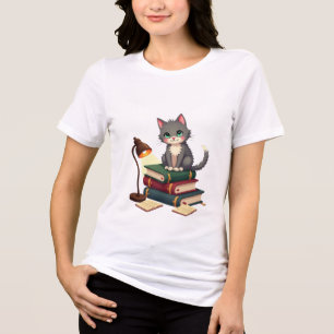 T-shirt En Tri-matière Cute Reading Chat : Kitten sur une pile de livres
