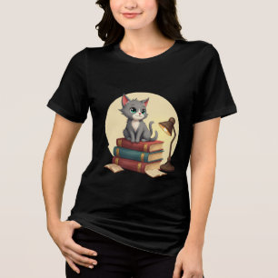 T-shirt En Tri-matière Cute Reading Chat : Kitten sur une pile de livres