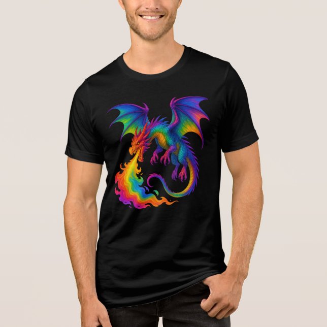 T-shirt En Tri-matière Dragon arc-en-ciel respirant des flammes colorées  (Recto)