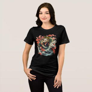 T-shirt En Tri-matière Dragon de l'océan avec Sakura et vagues