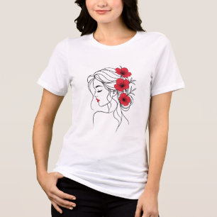 T-shirt En Tri-matière Femme aux Fleurs Rouges   Ligne Féminine Élégante 
