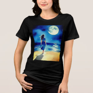 T-shirt En Tri-matière Fille sur la plage sous une Pleine lune
