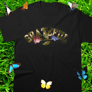 T-shirt En Tri-matière Grateful Rose de typographie d'or et papillon