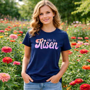 T-shirt En Tri-matière Il Est Ressuscité Floral Pâques Police sur Fond Bl