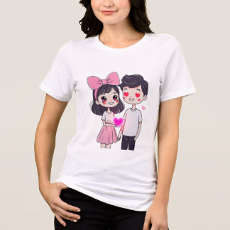 T-shirt En Tri-matière Illustration du mignon Kawaii Couple Doodle