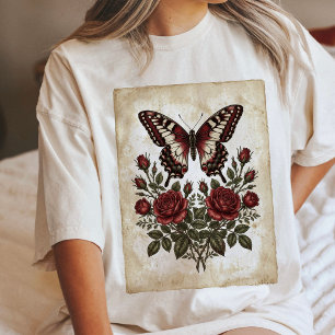 T-shirt En Tri-matière Illustration vintage de papillon et de roses rouge