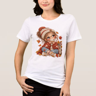 T-shirt En Tri-matière Joli Tee Chibi Fille d'Automne de Style Broderie C
