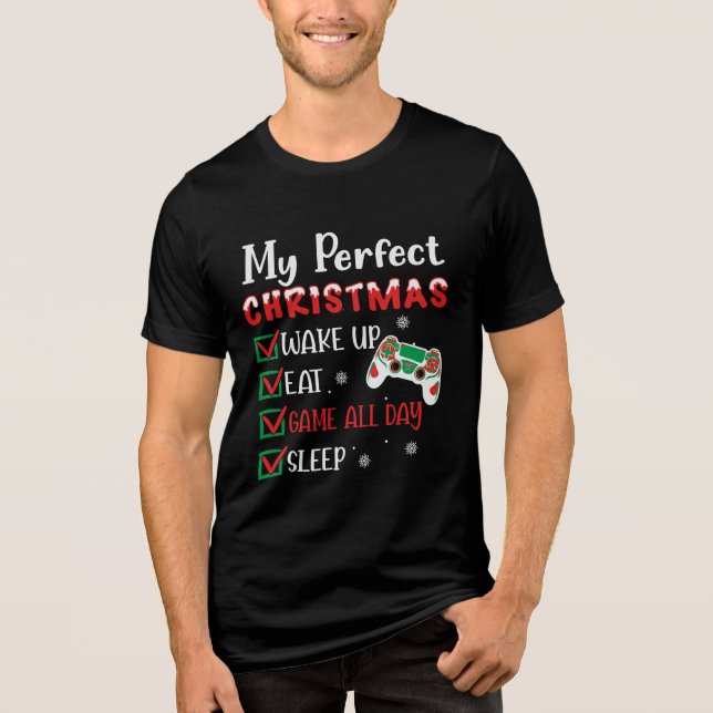 T-shirt En Tri-matière Joueur Noël Drôle Manger Dormir Jeu (Recto)