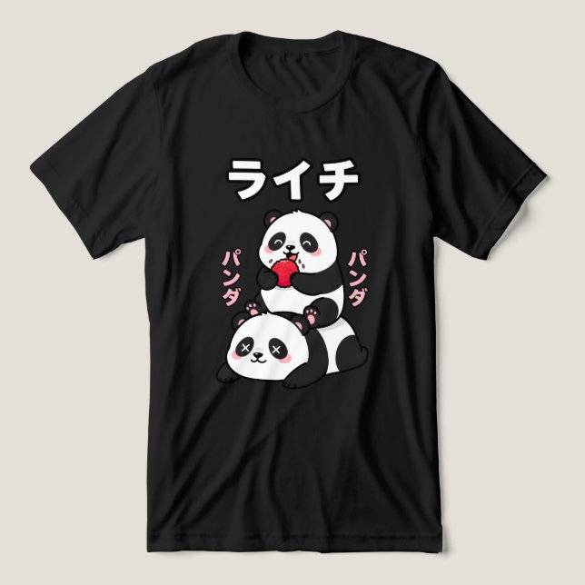 T-shirt En Tri-matière Kawaii Panda Stack Lychee Fruit Japanese Cartoon (Design Recto)