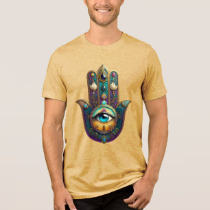T-shirt En Tri-matière Or Violet Sarcelle Hamsa avec Troisième Œil Turquo