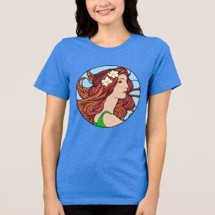 T-shirt En Tri-matière Portrait Art Nouveau d'une femme aux cheveux rouge