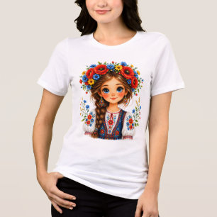 T-shirt En Tri-matière Portrait de Fille Florale   Art Populaire