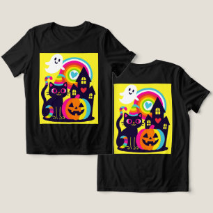 T-shirt En Tri-matière Retro Halloween Kawaii Chat noir, design Citrouill