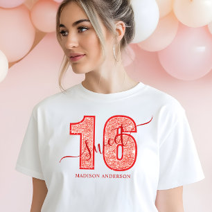 T-shirt En Tri-matière Rouge Pailleté Script Anniversaire 16 Ans