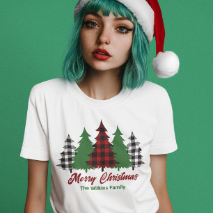 T-shirt En Tri-matière Rouges Rustiques Plaid Joyeux Arbres de Noël Femme