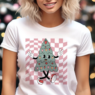 T-shirt En Tri-matière Sapin de Noël dansant à carreaux roses Rétro