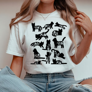 T-shirt En Tri-matière Silhouette de chat floral Amateur de chat botani