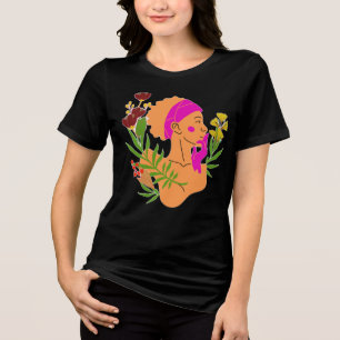 T-shirt En Tri-matière Silhouette Élégante de Femme aux Fleurs