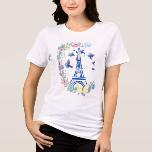 T-shirt En Tri-matière Tour Eiffel Papillon Bleu Floral Paris Esthétique