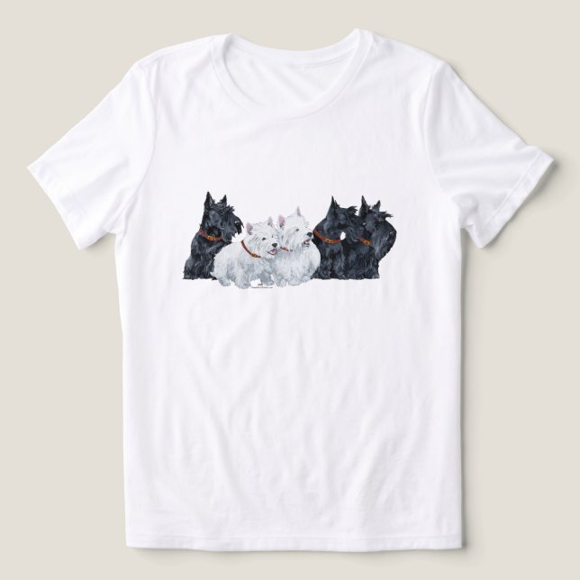 T-shirt En Tri-matière Trois terriers écossais avec deux Westies (Design Recto)