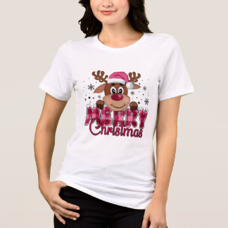 T-shirt En Tri-matière Visage de renne « Joyeux Noël » à carreaux Typogra