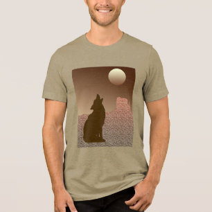 T-shirt En Tri-matière Wolf Howling à la Lune en Brown et Tan