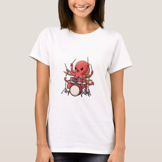T-shirt Energetic Red Octopus Drummer Multitasking (Devant)