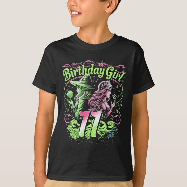 T-shirt Enfants 11e Anniversaire Sorcière rose et vert 11  (Devant)