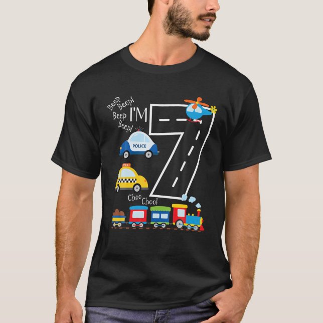 T-shirt Enfants Camions Train 7E Anniversaire Fête Enfant  (Devant)