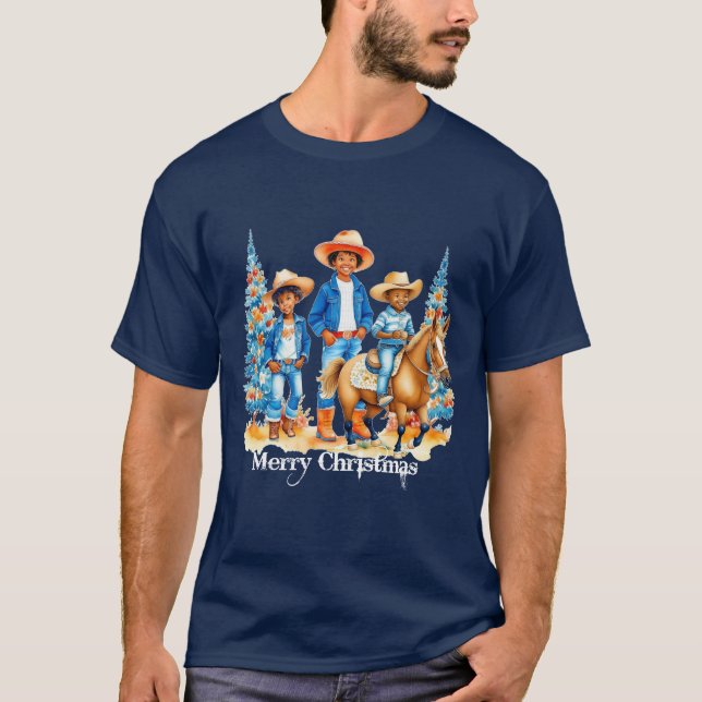 T-shirt Enfants Cowboy Noir Avec Cheval Joyeux Noël (Devant)