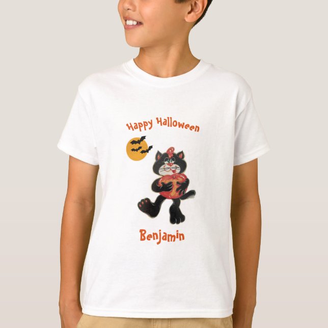 T-shirt Enfants Nom Halloween Cute Chat Noir Chat Chat Cha (Devant)