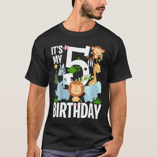 T-shirt Enfants Son 5ème anniversaire Jungle Zoo Thème Saf (Devant)