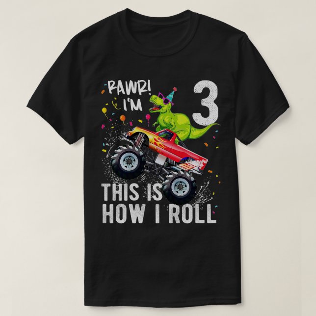 T-shirt Enfants T Rex Dinosaur Monster Truck 3e anniversai (Design devant)