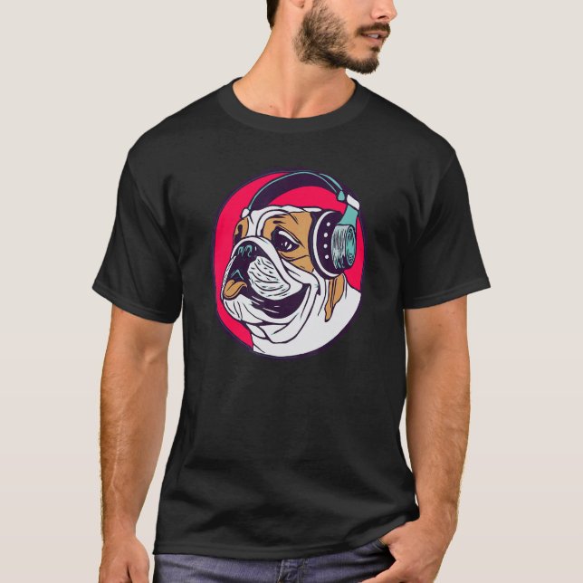 T-shirt English Bulldog Dog With Headphones  Music Fan Ret (Devant)