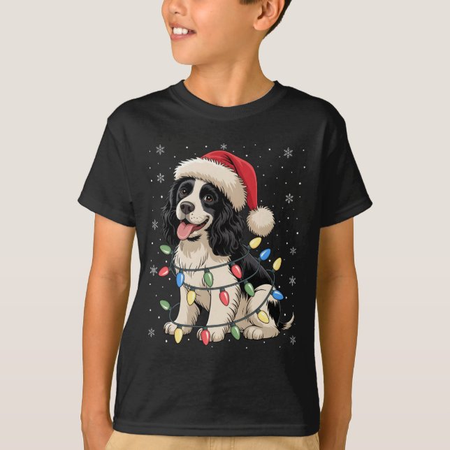 T-shirt English Springer Spaniel Dog Christmas Tree Lights (Devant)