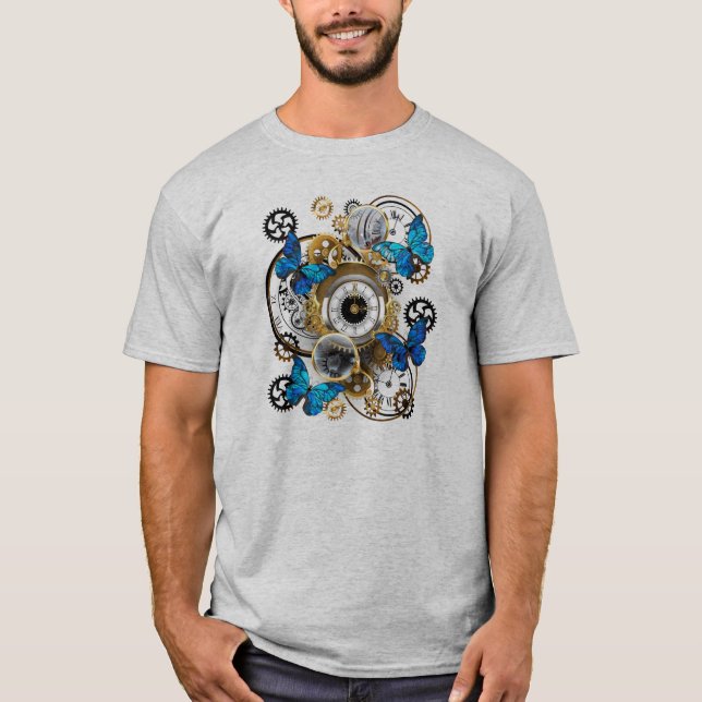 T-shirt Engrenages à vapeur et papillons bleus (Devant)