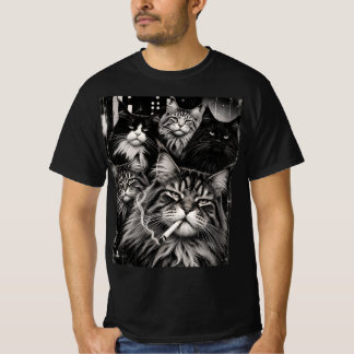 T-shirt Équipage Maine Coon Art Félin Grunge Noir et Blanc