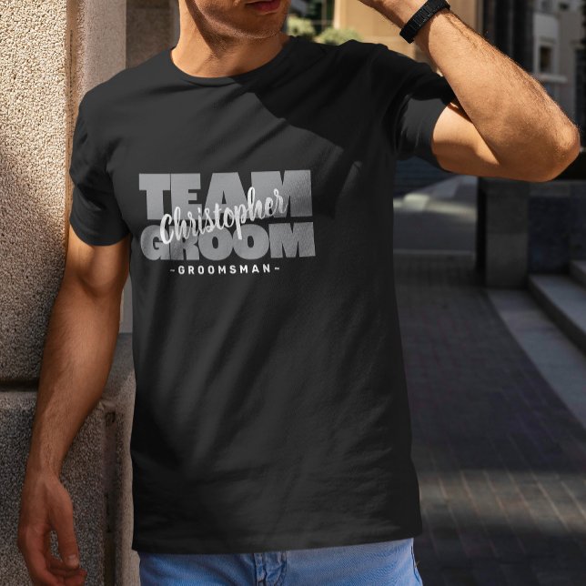 T-shirt Équipe du marié pour enterrement de vie de garçon  (Bachelor Party Team Groom Groomsman Name Gray Fun T-Shirt)