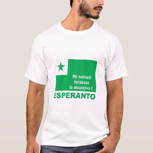 T-shirt Esperanto / "Mi neniam forgesas la akuzativo", (Devant)