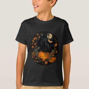 T-shirt Esthétique Cottagecore Fleur Chat Noir Citrouilles