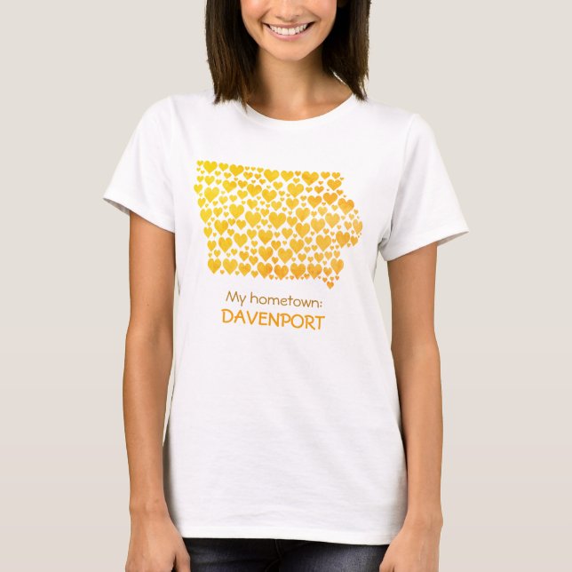 T-shirt État de l'Iowa Silhouette Coeurs et ville natale (Devant)