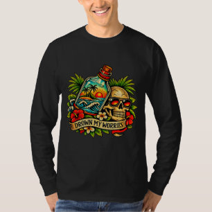 T-shirt Été Rétro Crâne Message dans une Bouteille Plage