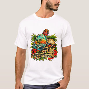 T-shirt Été Rétro Crâne Message dans une Bouteille Plage