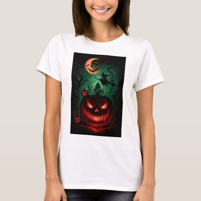 T-shirt Evil Pumpkin Under Blood Moon | Witch Flying Hallo (Devant)