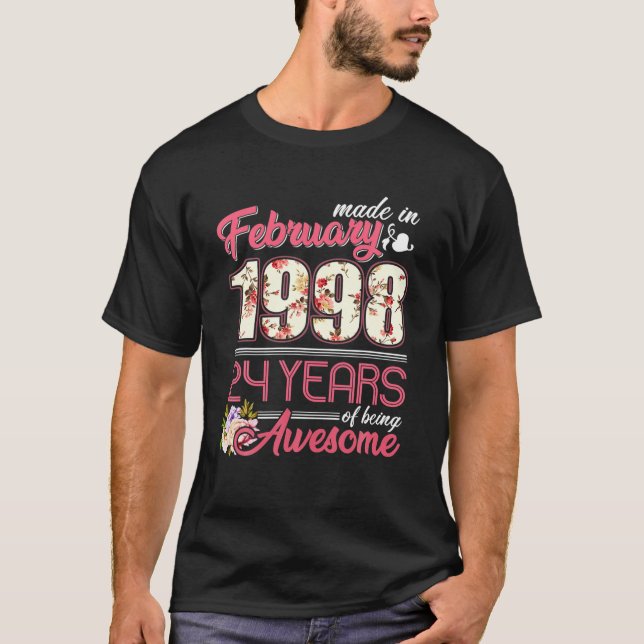 T-shirt Fabriqué En Février 1998 Floral 24 Ans 24E Birt (Devant)
